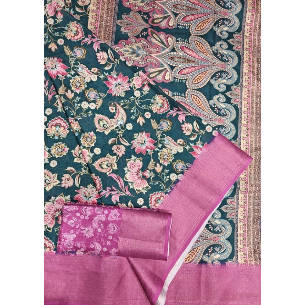 Women's Cotton Silk Floral Printed Saree With Unstitched Blouse 5.5Mtr (Green-Pink) - Image 2