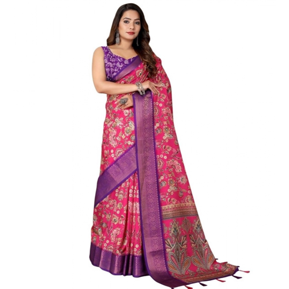 Women's Cotton Silk Floral Printed Saree With Unstitched Blouse 5.5Mtr (Pink-Purple) - Image 6
