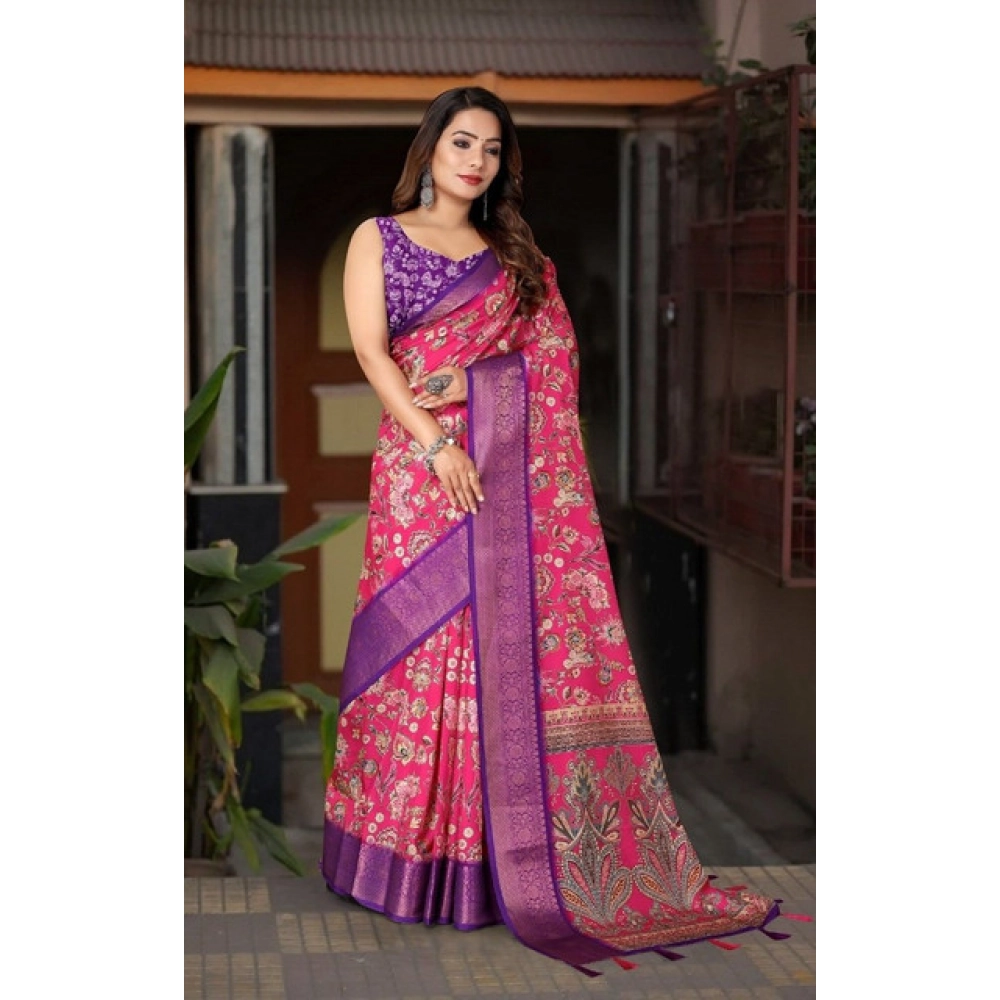 Women's Cotton Silk Floral Printed Saree With Unstitched Blouse 5.5Mtr (Pink-Purple) - Image 5