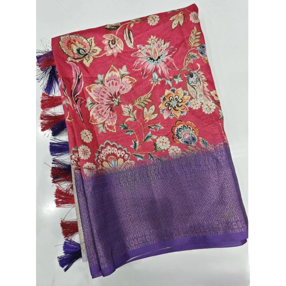 Women's Cotton Silk Floral Printed Saree With Unstitched Blouse 5.5Mtr (Pink-Purple) - Image 4