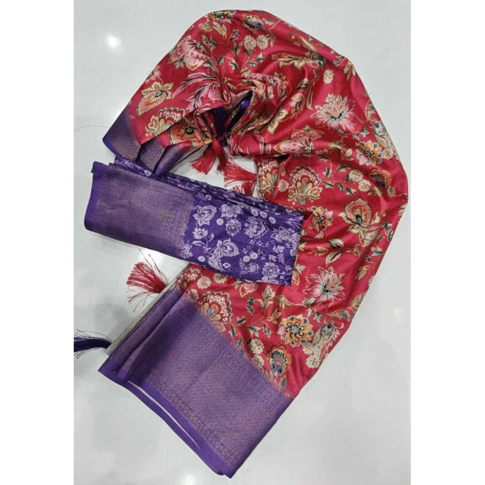 Women's Cotton Silk Floral Printed Saree With Unstitched Blouse 5.5Mtr (Pink-Purple) - Image 3