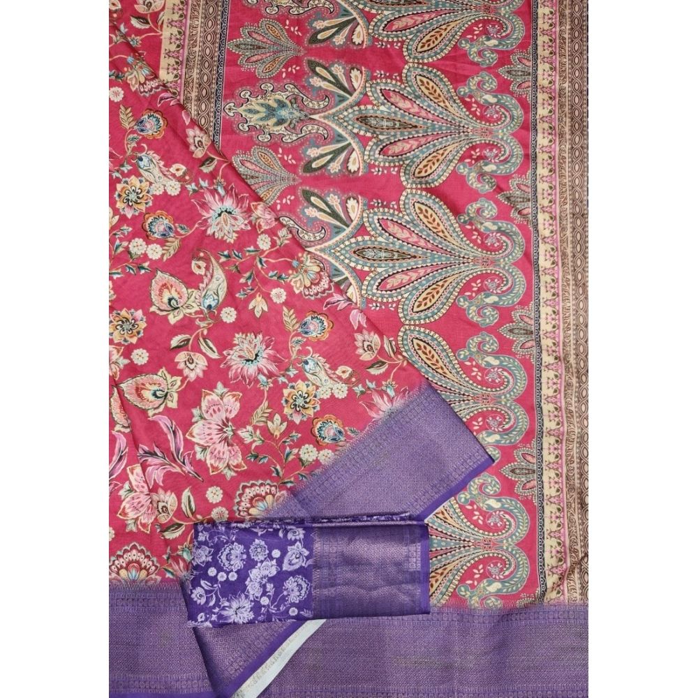 Women's Cotton Silk Floral Printed Saree With Unstitched Blouse 5.5Mtr (Pink-Purple) - Image 2