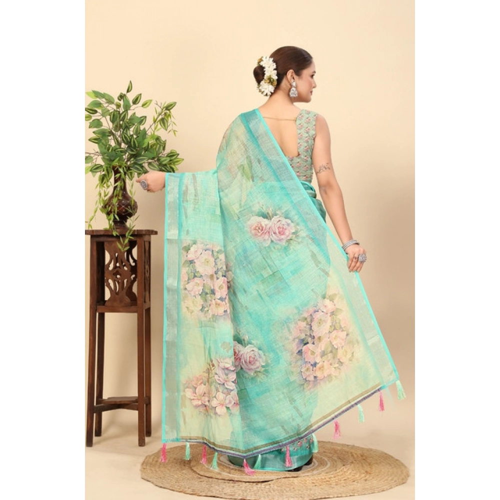 Women's Cotton Silk Floral Printed Saree With Unstitched Blouse 5.5Mtr (Multicolor) - Image 3