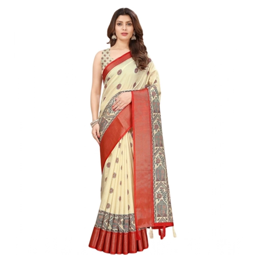 Women's Cotton Silk Printed Saree With Unstitched Blouse 5.5Mtr (Cream) - Image 4