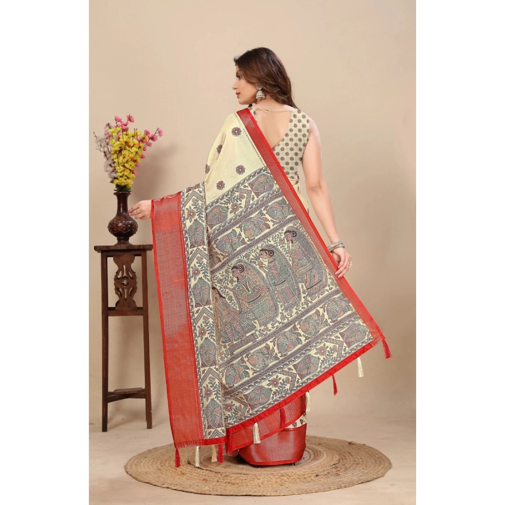 Women's Cotton Silk Printed Saree With Unstitched Blouse 5.5Mtr (Cream) - Image 3
