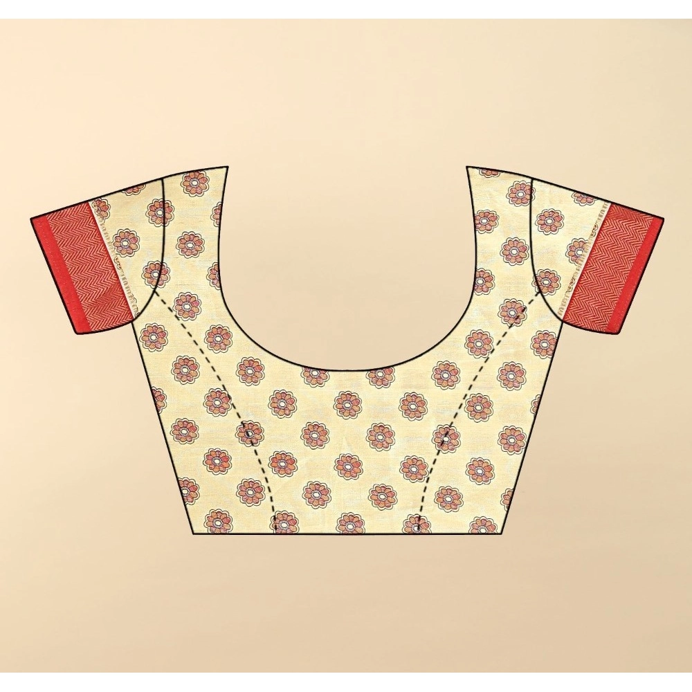Women's Cotton Silk Printed Saree With Unstitched Blouse 5.5Mtr (Cream) - Image 2