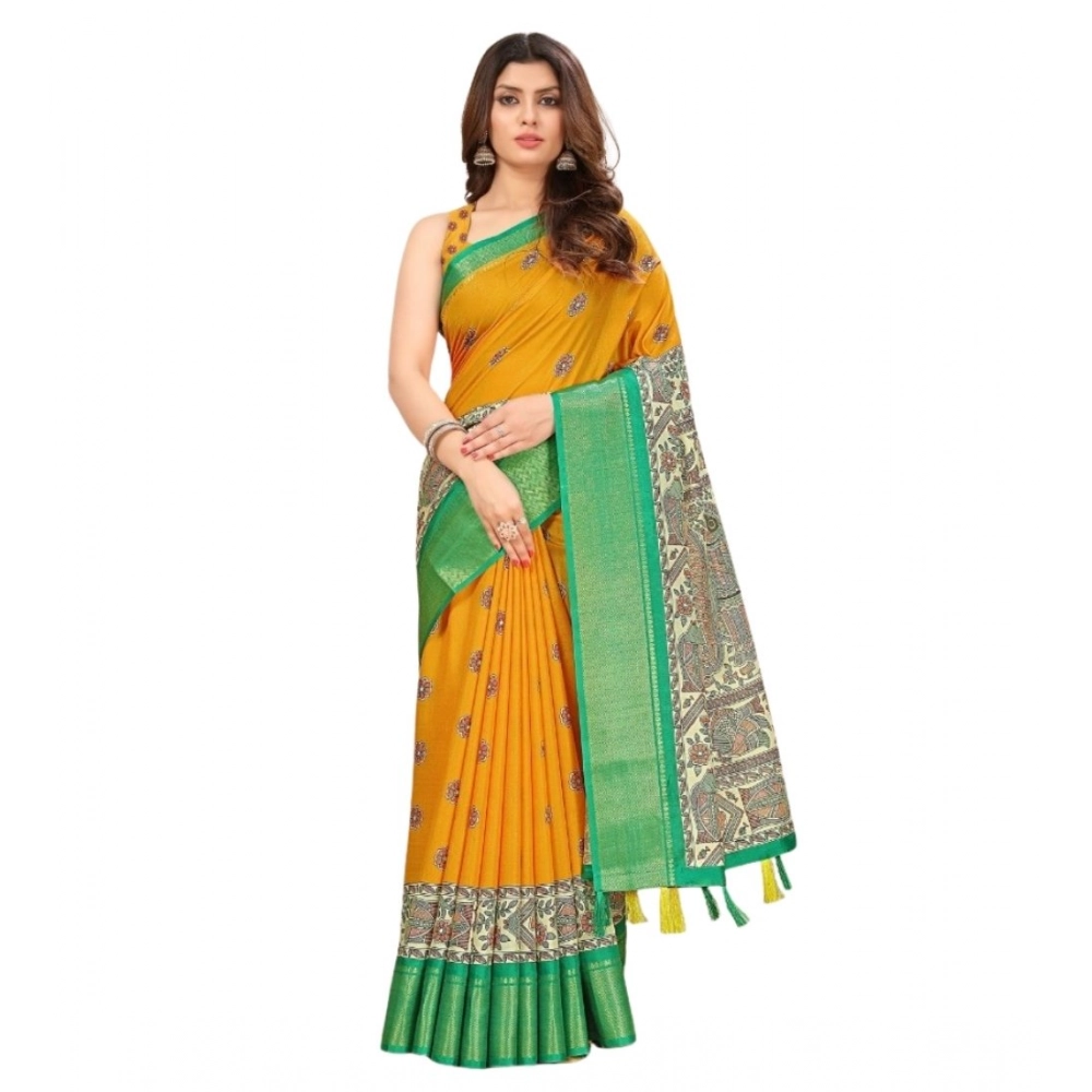 Women's Cotton Silk Printed Saree With Unstitched Blouse 5.5Mtr (Yellow) - Image 4