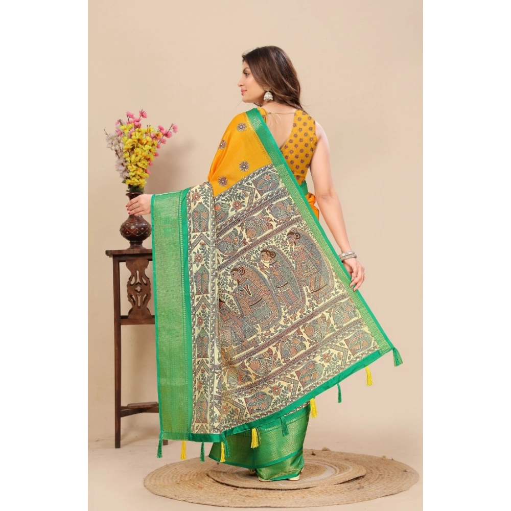 Women's Cotton Silk Printed Saree With Unstitched Blouse 5.5Mtr (Yellow) - Image 3