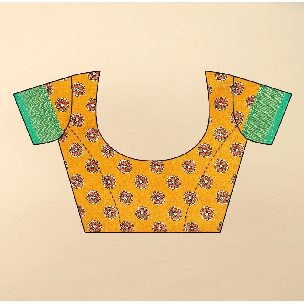 Women's Cotton Silk Printed Saree With Unstitched Blouse 5.5Mtr (Yellow) - Image 2