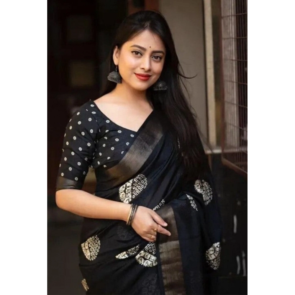 Women's Cotton Silk Printed Saree With Unstitched Blouse 5.5Mtr (Black)