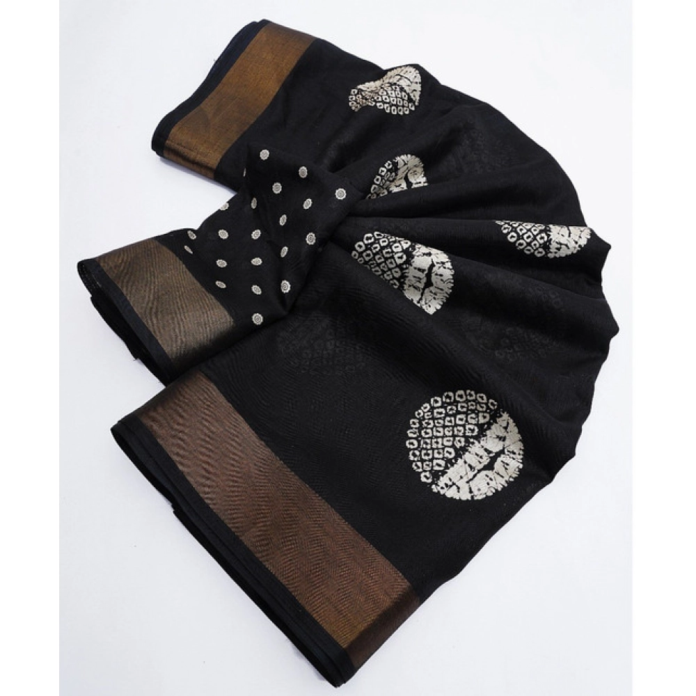Women's Cotton Silk Printed Saree With Unstitched Blouse 5.5Mtr (Black) - Image 4