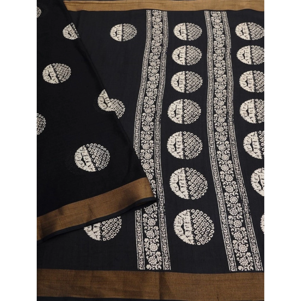 Women's Cotton Silk Printed Saree With Unstitched Blouse 5.5Mtr (Black) - Image 2
