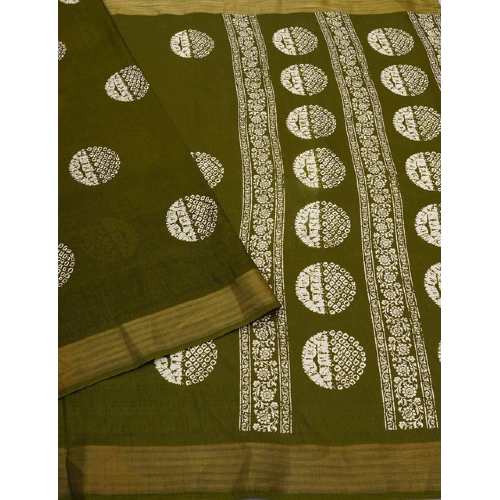 Women's Cotton Silk Printed Saree With Unstitched Blouse 5.5Mtr (Green) - Image 2