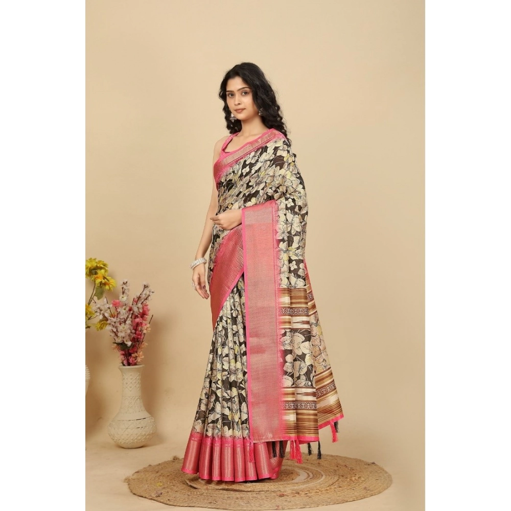 Women's Cotton Silk Floral Printed Saree With Unstitched Blouse 5.5Mtr (Black) - Image 4
