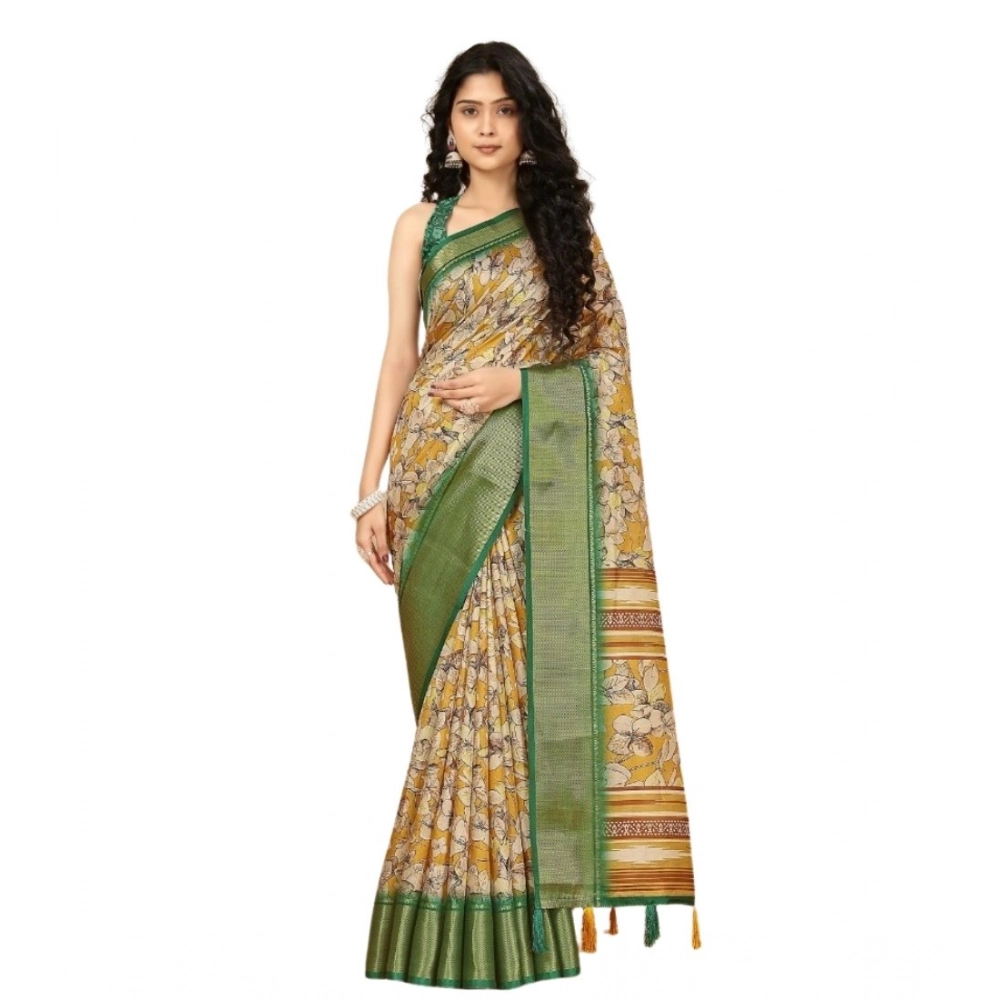 Women's Cotton Silk Floral Printed Saree With Unstitched Blouse 5.5Mtr (Mustard) - Image 6