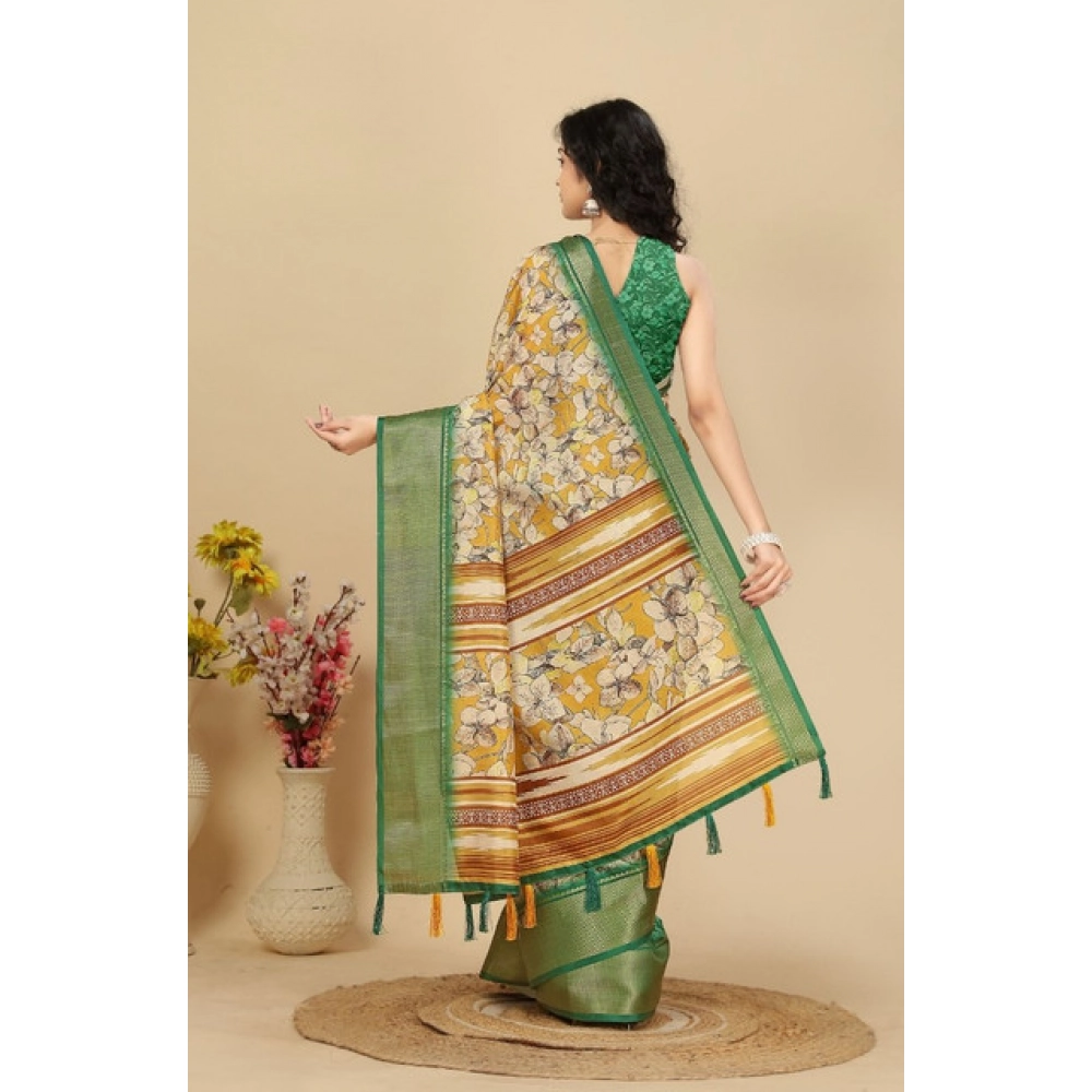 Women's Cotton Silk Floral Printed Saree With Unstitched Blouse 5.5Mtr (Mustard) - Image 5