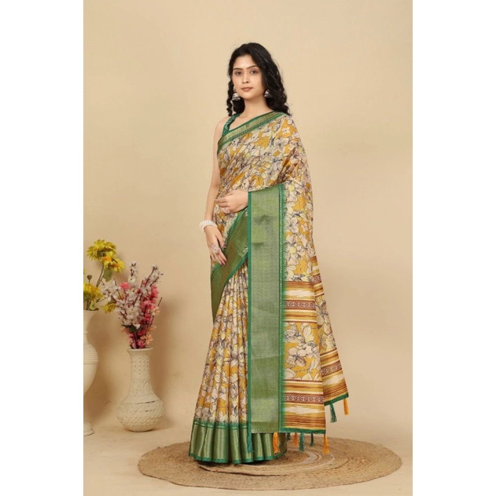 Women's Cotton Silk Floral Printed Saree With Unstitched Blouse 5.5Mtr (Mustard) - Image 4