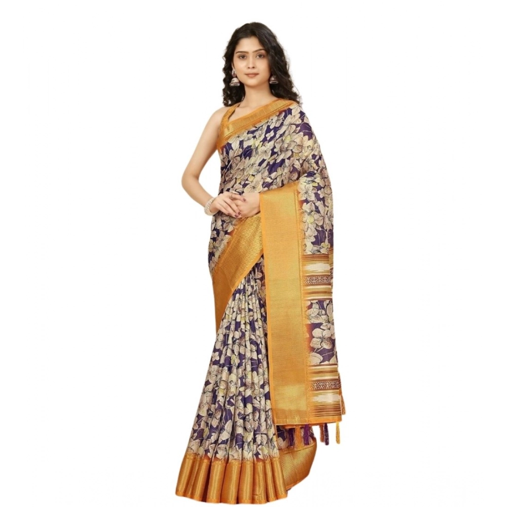 Women's Cotton Silk Floral Printed Saree With Unstitched Blouse 5.5Mtr (Purple) - Image 6