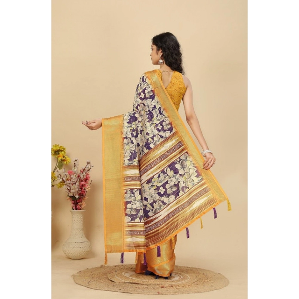 Women's Cotton Silk Floral Printed Saree With Unstitched Blouse 5.5Mtr (Purple) - Image 5
