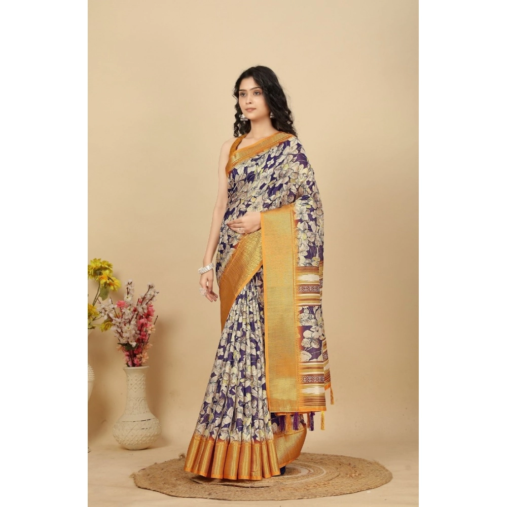 Women's Cotton Silk Floral Printed Saree With Unstitched Blouse 5.5Mtr (Purple) - Image 4