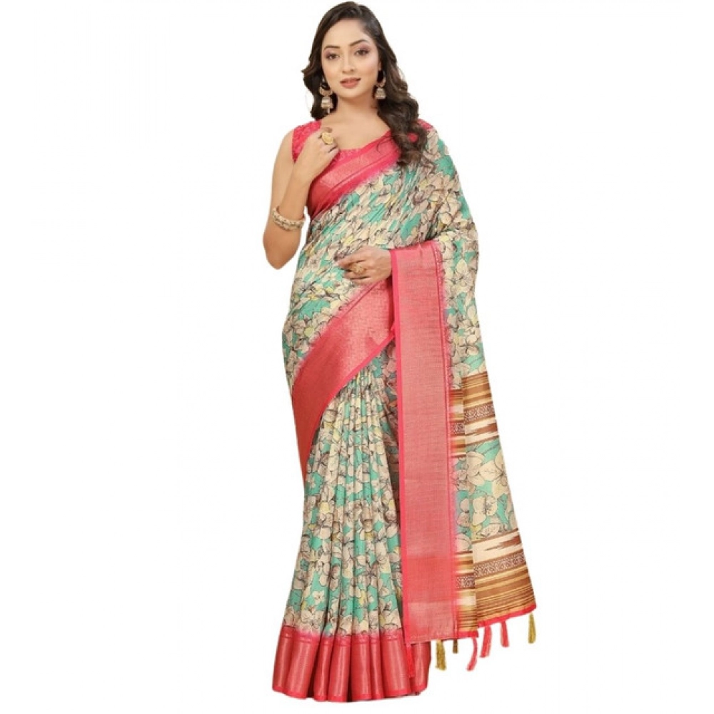 Women's Cotton Silk Floral Printed Saree With Unstitched Blouse 5.5Mtr (Multicolor) - Image 6