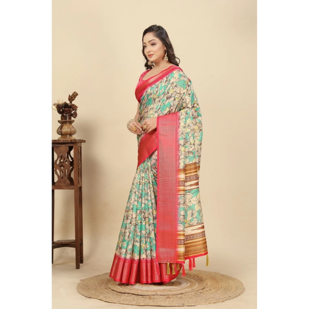 Women's Cotton Silk Floral Printed Saree With Unstitched Blouse 5.5Mtr (Multicolor) - Image 4