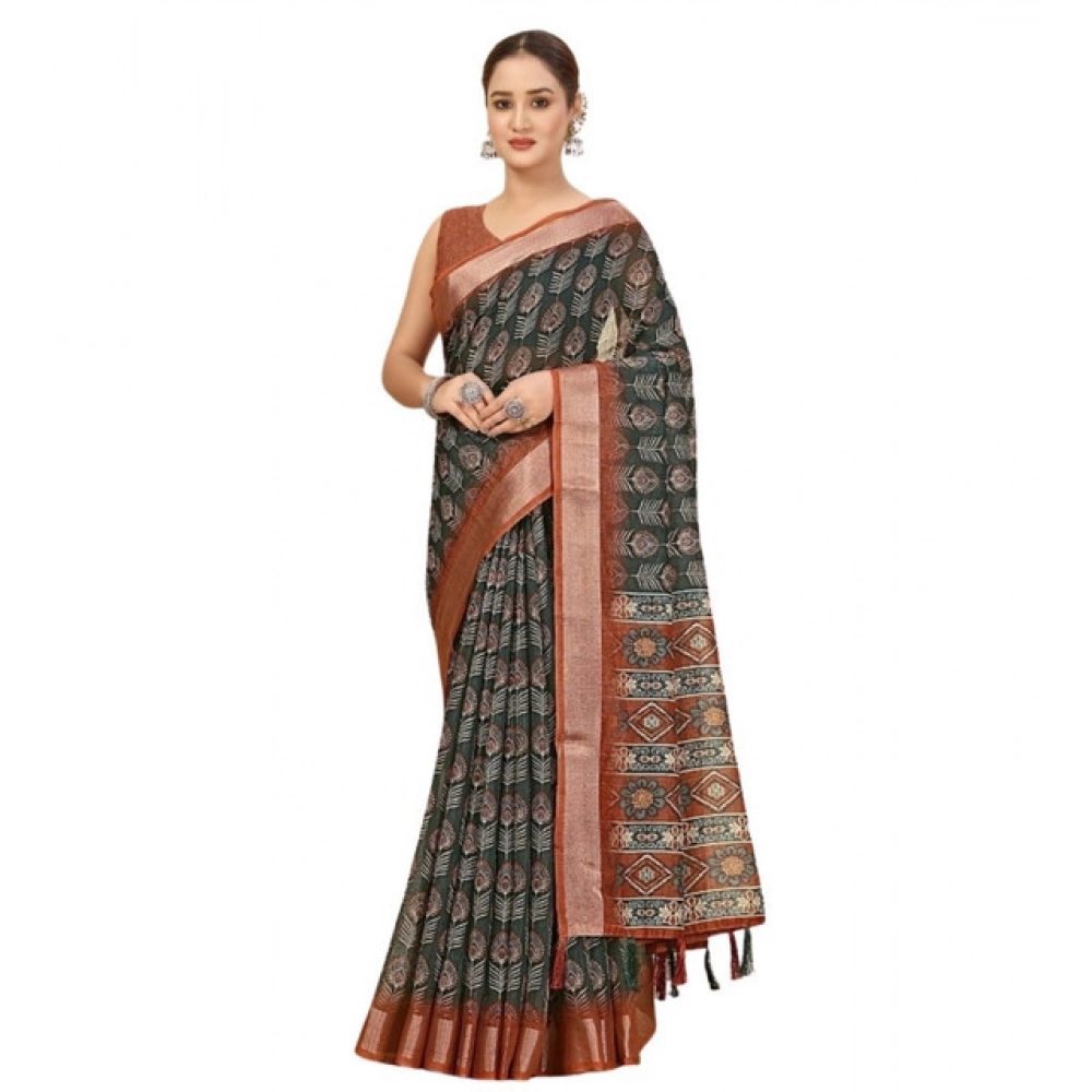 Women's Cotton Silk Printed Saree With Unstitched Blouse 5.5Mtr (Multicolor) - Image 4