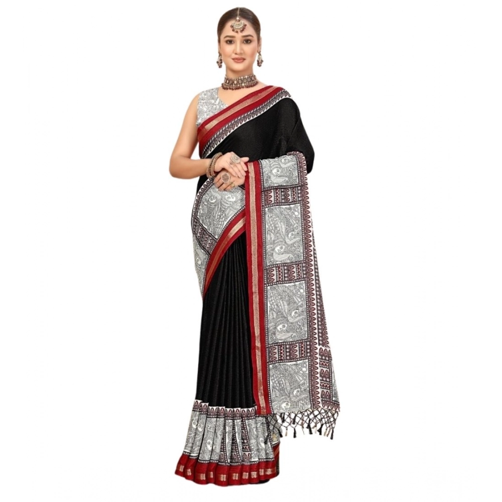 Women's Cotton Silk Printed Saree With Unstitched Blouse 5.5Mtr (Black) - Image 4