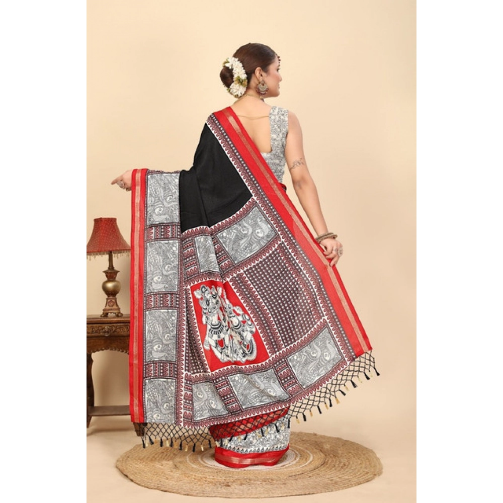 Women's Cotton Silk Printed Saree With Unstitched Blouse 5.5Mtr (Black) - Image 3