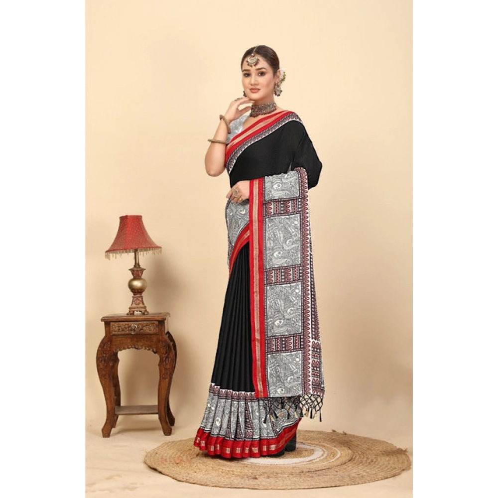 Women's Cotton Silk Printed Saree With Unstitched Blouse 5.5Mtr (Black) - Image 2