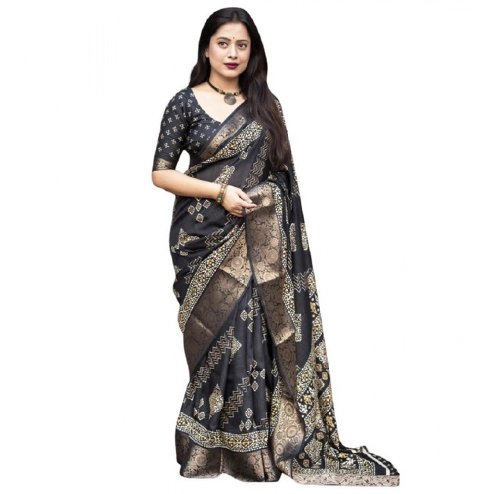 Women's Cotton Silk Printed Saree With Unstitched Blouse 5.5Mtr (Black) - Image 3