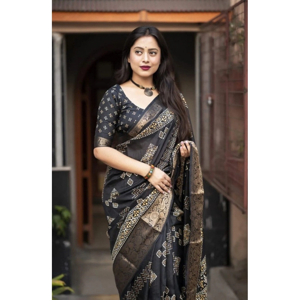 Women's Cotton Silk Printed Saree With Unstitched Blouse 5.5Mtr (Black) - Image 2