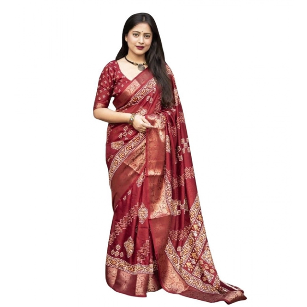 Women's Cotton Silk Printed Saree With Unstitched Blouse 5.5Mtr (Maroon) - Image 5