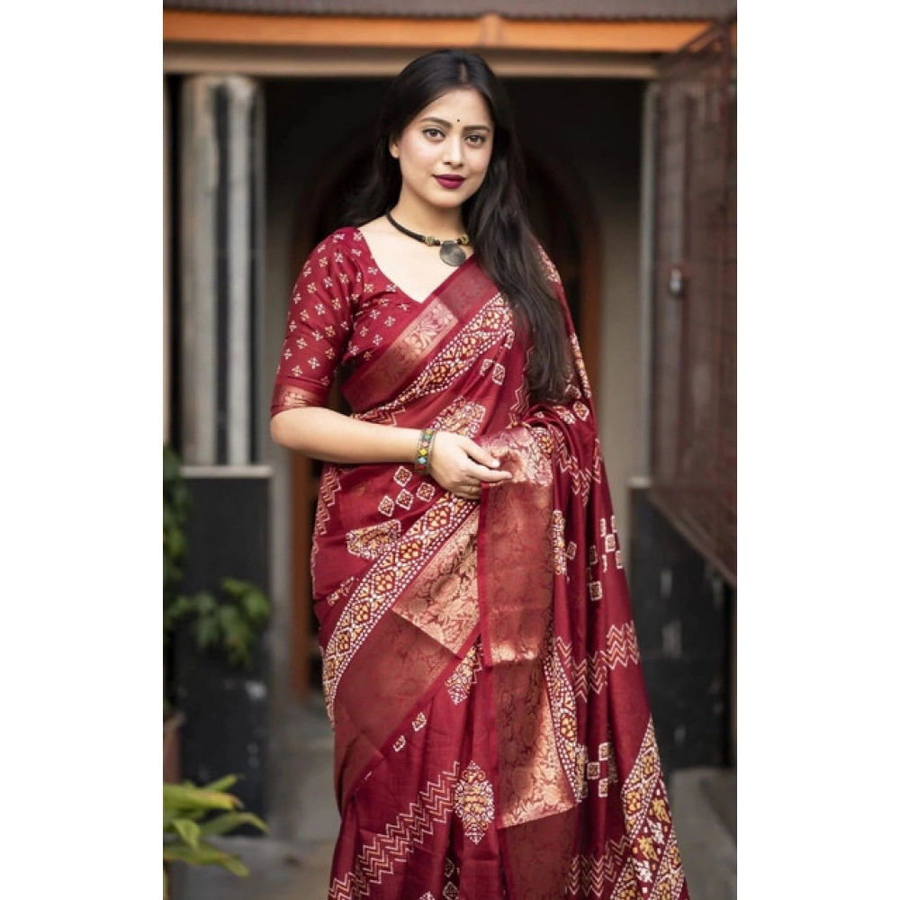 Women's Cotton Silk Printed Saree With Unstitched Blouse 5.5Mtr (Maroon) - Image 4