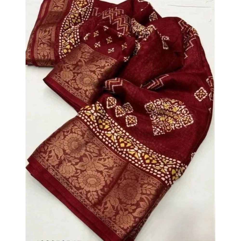 Women's Cotton Silk Printed Saree With Unstitched Blouse 5.5Mtr (Maroon) - Image 3