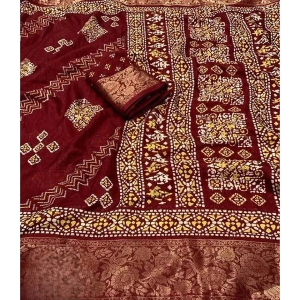 Women's Cotton Silk Printed Saree With Unstitched Blouse 5.5Mtr (Maroon) - Image 2