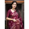 Women's Cotton Silk Printed Saree With Unstitched Blouse 5.5Mtr (Wine)