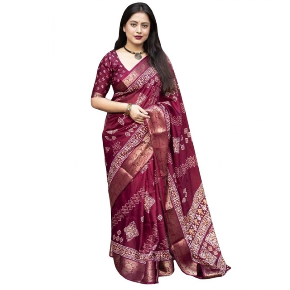 Women's Cotton Silk Printed Saree With Unstitched Blouse 5.5Mtr (Wine) - Image 5