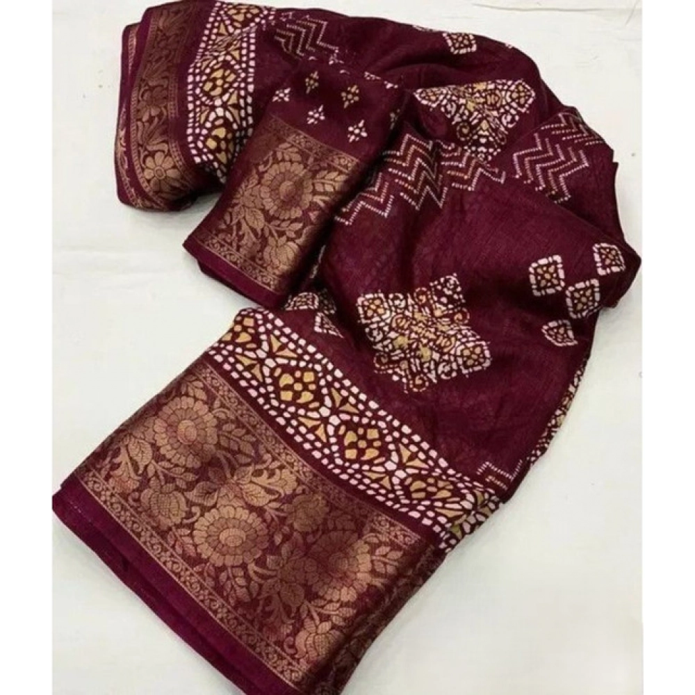 Women's Cotton Silk Printed Saree With Unstitched Blouse 5.5Mtr (Wine) - Image 4