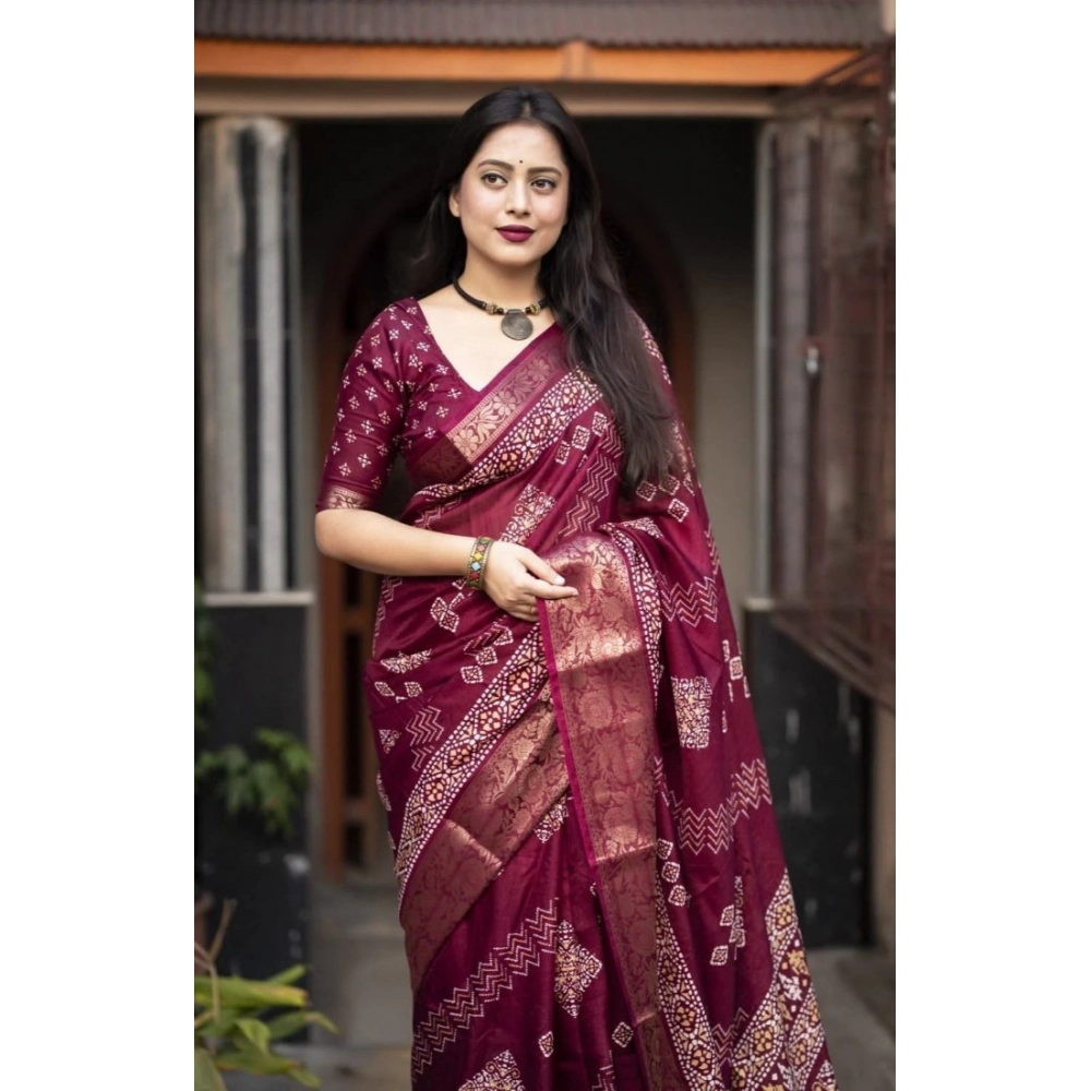 Women's Cotton Silk Printed Saree With Unstitched Blouse 5.5Mtr (Wine) - Image 3