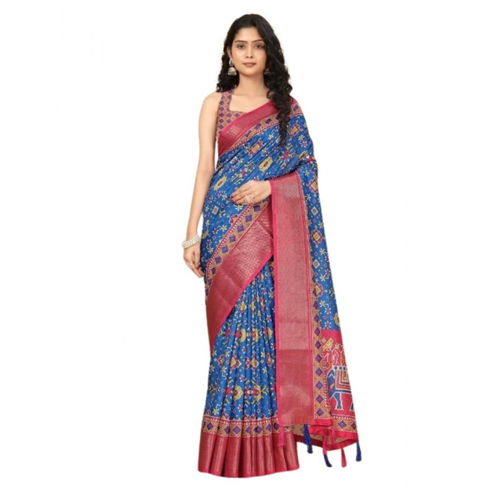 Women's Cotton Silk Printed Saree With Unstitched Blouse 5.5Mtr (Blue) - Image 5