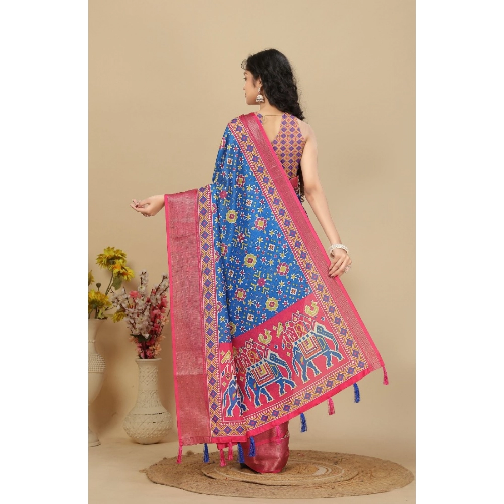 Women's Cotton Silk Printed Saree With Unstitched Blouse 5.5Mtr (Blue) - Image 4