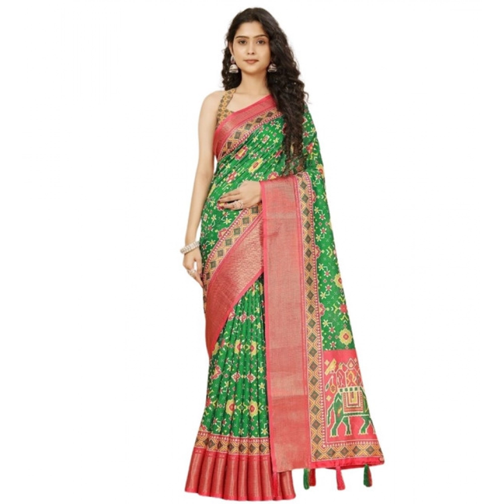 Women's Cotton Silk Printed Saree With Unstitched Blouse 5.5Mtr (Green) - Image 6