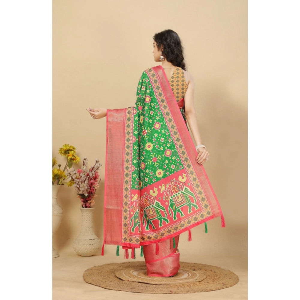 Women's Cotton Silk Printed Saree With Unstitched Blouse 5.5Mtr (Green) - Image 4