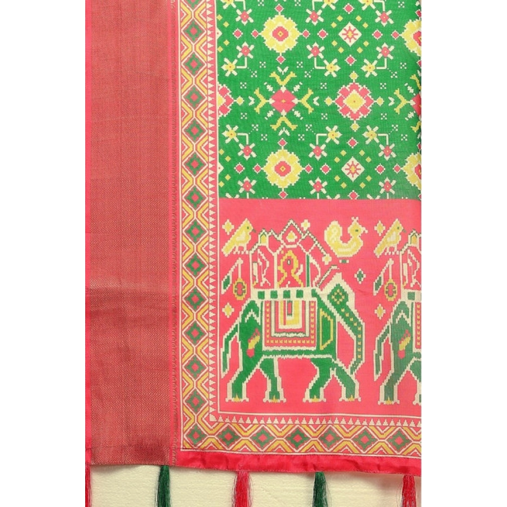 Women's Cotton Silk Printed Saree With Unstitched Blouse 5.5Mtr (Green) - Image 3
