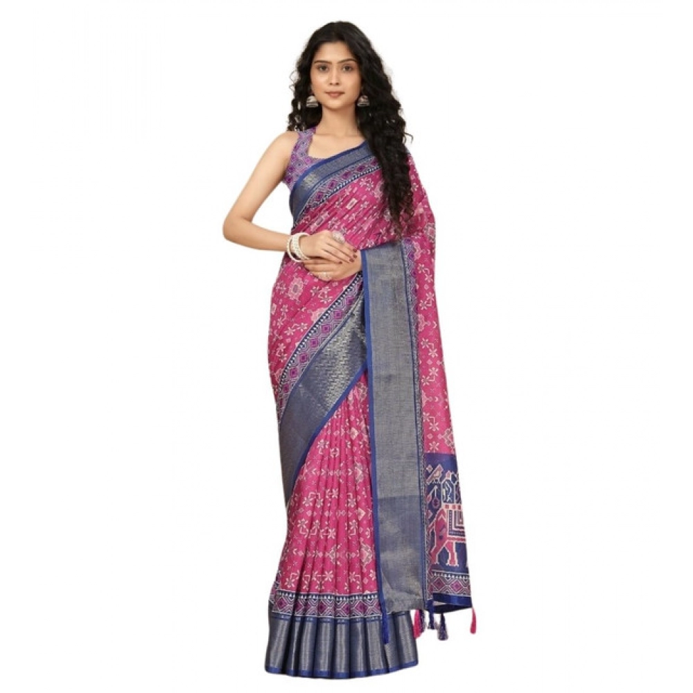 Women's Cotton Silk Printed Saree With Unstitched Blouse 5.5Mtr (Pink) - Image 6