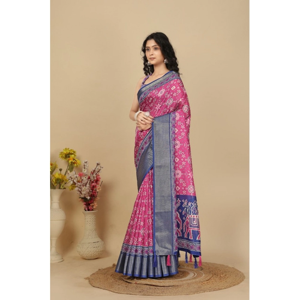 Women's Cotton Silk Printed Saree With Unstitched Blouse 5.5Mtr (Pink) - Image 5