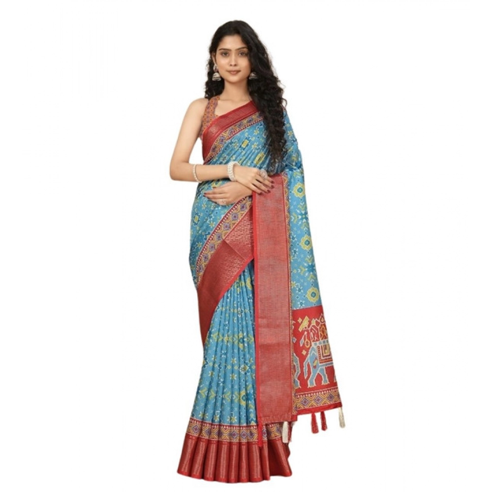 Women's Cotton Silk Printed Saree With Unstitched Blouse 5.5Mtr (Rama) - Image 6