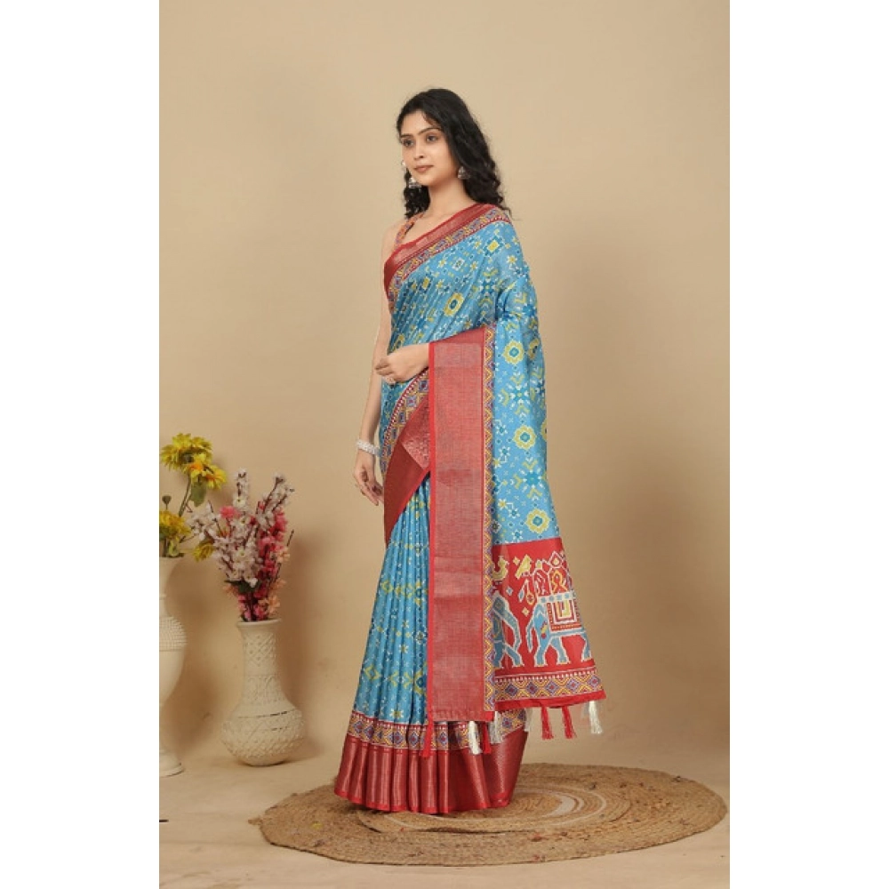 Women's Cotton Silk Printed Saree With Unstitched Blouse 5.5Mtr (Rama) - Image 5