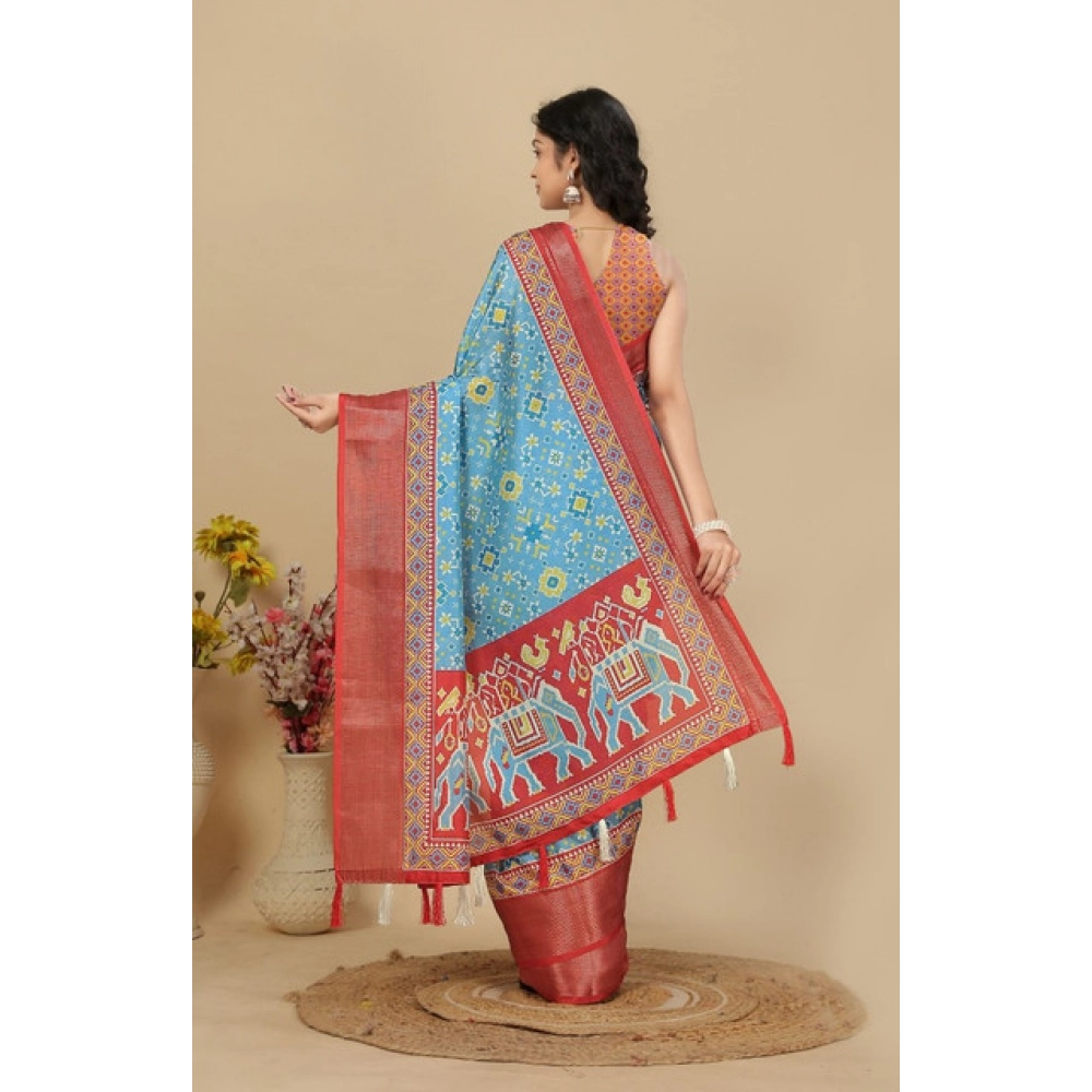 Women's Cotton Silk Printed Saree With Unstitched Blouse 5.5Mtr (Rama) - Image 4